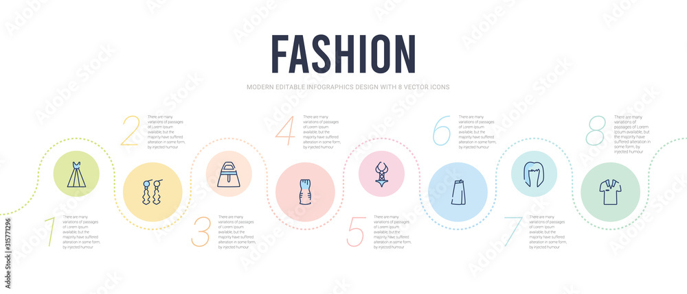 fashion concept infographic design template. included polo shirt for women, hair wig with side, skirt with slit and belt, female swimsuit, strapless tube dress, hobo shoulder bag icons