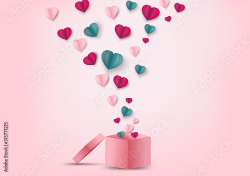 Valentines hearts and gift box.Origami made paper heart flying out off gift box.They are on pink background and copy space.Happy, Mother's Day,card.Vector Valentine's Day and love vector concept.