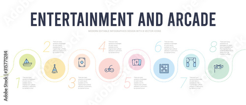 entertainment and arcade concept infographic design template. included masquerade, curtain stage, tic tac toe, ace of diamonds, gamepad, ace of clubs icons