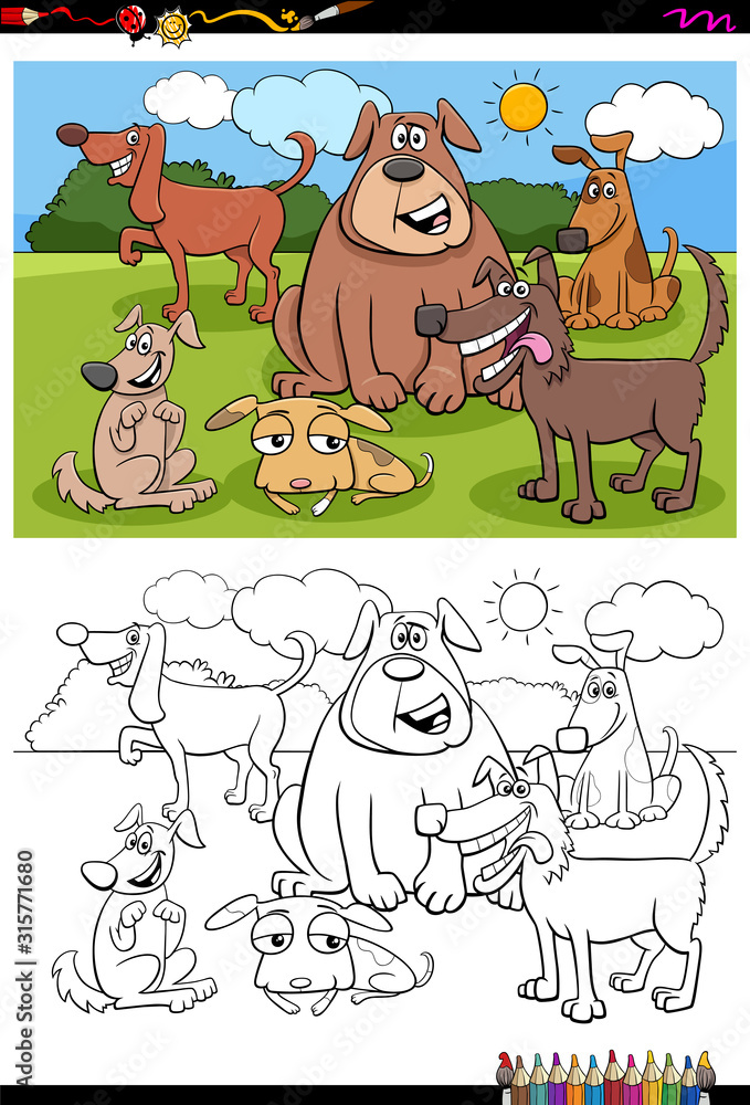 dogs animal characters group color book page dogs animal characters group color book page