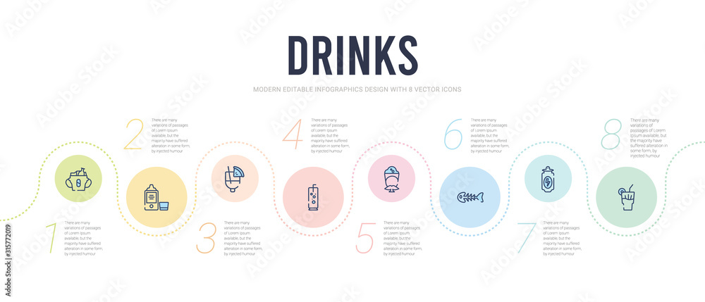 drinks concept infographic design template. included cuba libre, energy drink, fish skeleton, frappuccino, fresh soda with lemon slice and straw, fruit juice icons drinks concept infographic design template. included cuba libre, energy drink, fish skeleton, frappuccino, fresh soda with lemon slice and straw, fruit juice icons