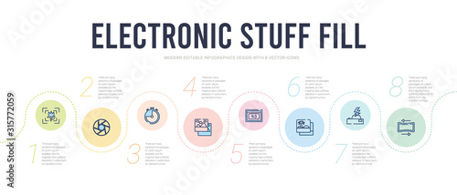 electronic stuff fill concept infographic design template. included panorama with right arrow, blitz flash, photograph, camera small screen size, landscape photo, three quarters icons