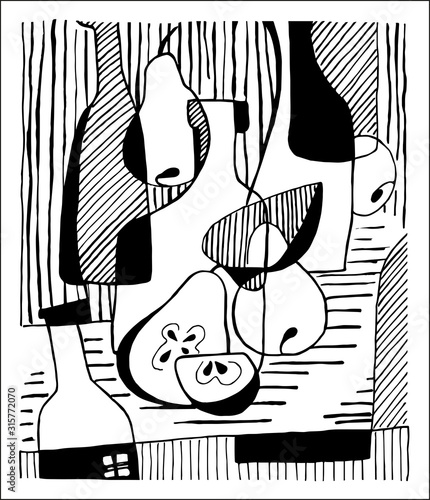 still life Bottles and pears, contour black and white. Abstract hand drawn .Graphics illustration