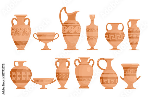Greek vases flat vector illustrations set. Ceramic antique amphora with patterns collection. Ancient Greece potter with ornament isolated design elements pack.