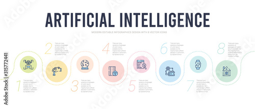 artificial intelligence concept infographic design template. included smart home  wristwatch  code  binary  road  ball icons