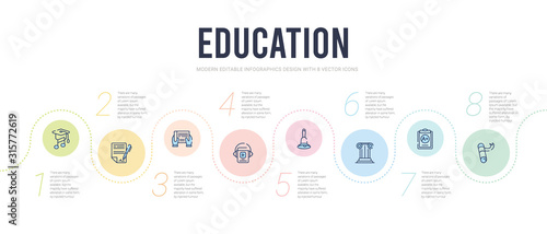 education concept infographic design template. included rolled diploma, clipboard with a+, greek pillar, hand bell, audiobook, tablet icons