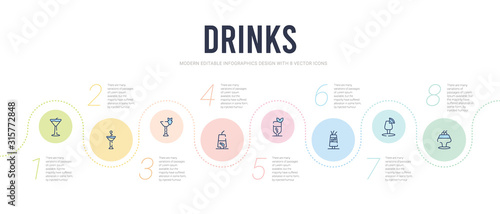 drinks concept infographic design template. included tom collins, pisco sour, planter's punch, mint julep, ramos gin fizz, daiquiri icons