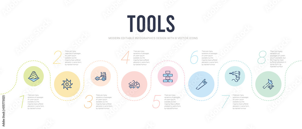 tools concept infographic design template. included hammer and nail, hand drill, carpenter saw, brick, dumper, road roller icons