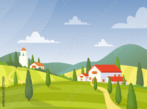 Modern village house flat vector illustration. Italy farmland buildings at green meadow. Countryside houses exterior. Cottages on nature. Pasture, farm fields and blue sky scenery. Villa facades.