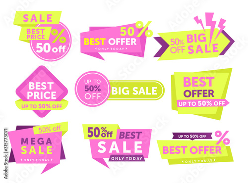 Sale labels color vector illustrations set. Special offers advertising stickers, patches designs isolated pack. Best price, 50 percent off discounts badges, emblems templates collection.