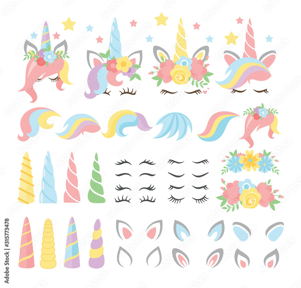 Unicorn elements flat vector illustrations set. Girly, childish stickers isolated pack. Magical horse with horn and stripy multicolor hair constructor kit. Eyelashes, ears, flowers, stars.