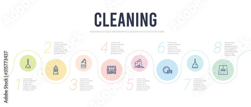 cleaning concept infographic design template. included floor cleaner, duster, clean dishes, vacuum, clean cars, detergent icons