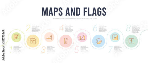 maps and flags concept infographic design template. included left intersection, curves ahead, road left side, no luggage, narrow right lane, left side road icons