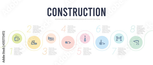 construction concept infographic design template. included nail gun, stopping, angle grinder, screwdrivers, grinder, vise icons