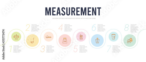 measurement concept infographic design template. included old weights, cup of water, water deep measuring, laser meter, one weight, scale measurement icons