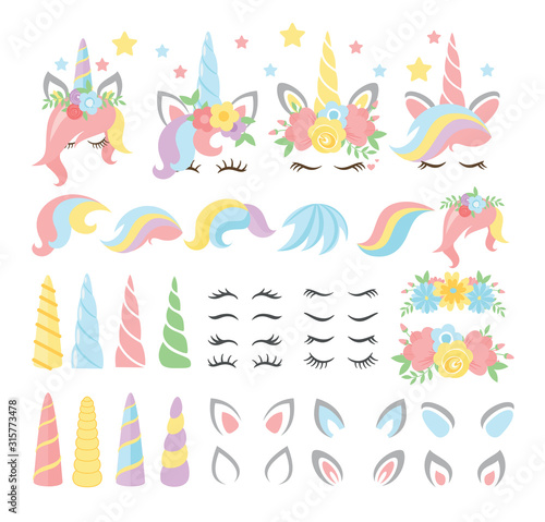 Unicorn elements flat vector illustrations set. Girly, childish stickers isolated pack. Magical horse with horn and stripy multicolor hair constructor kit. Eyelashes, ears, flowers, stars.