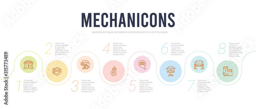 mechanicons concept infographic design template. included car in a gas station, repairing car, changing car tire, front in magnifier glass, cart wheel, tire change icons