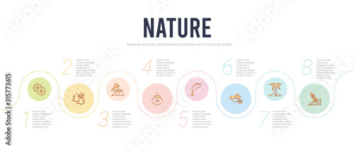 nature concept infographic design template. included prairie, palm islands, flower therapy, leaf and drop, essence, deforestation icons