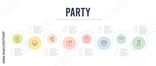 party concept infographic design template. included birthday toast, open envelope with heart letter, big ice cream bowl, giftbox with ribbon, calendar with date, pizza slice icons