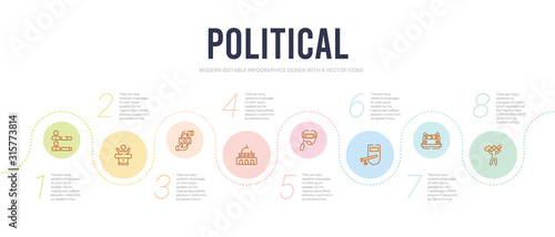 political concept infographic design template. included protest, merging, nightstick, welder, american government building, bribe icons