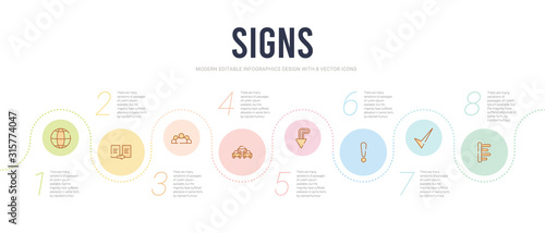 signs concept infographic design template. included align left, tick, exclamation, under, traffic, superior icons