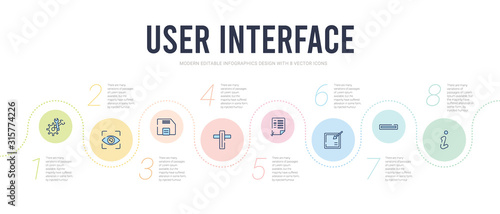 user interface concept infographic design template. included round information button, rounded delete button with minus, check box with cursor, list layout with check boxes, cross, floppy disk save