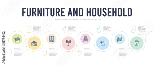 furniture and household concept infographic design template. included bedroom lamp, bench, bidet, chest of drawers, coffee table, cupboard icons