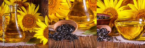 Set rural still-lifes, banner - sunflower oil with flowers of sunflower (Helianthus annuus) against the background of an wooden wall, closeup photo