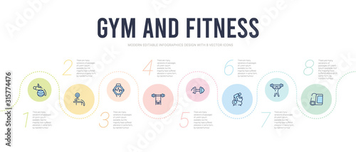 gym and fitness concept infographic design template. included mat for fitness, barbell weightlifting, exercise bike, little dumbbell, barbell bench press, sport watch icons