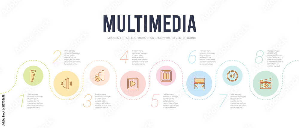 multimedia concept infographic design template. included movie clip button, broken disc, portable video game console, big pause button, square play button, speaker mute icons
