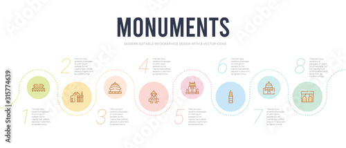 monuments concept infographic design template. included alcala gate, dome of the rock, the clock tower, belem tower, chiang kai shek memorial hall, temple of heaven in beijing icons
