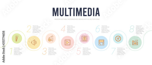 multimedia concept infographic design template. included movie clip button, broken disc, portable video game console, big pause button, square play button, speaker mute icons
