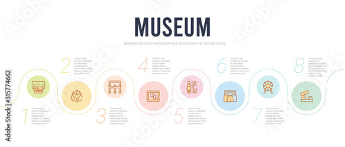 museum concept infographic design template. included relics, porcelain, cinema, restroom, modern art, exhibition icons