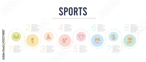 sports concept infographic design template. included long socks, skiing, estadio, short sleeves, adventure, man riding bike icons