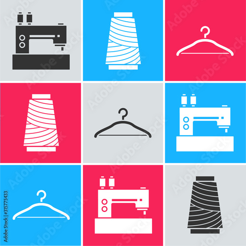 Set Sewing machine, Sewing thread on spool and Hanger wardrobe icon. Vector