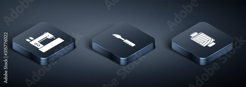 Set Isometric Sewing machine, Sewing thread on spool and Cutter tool icon. Vector