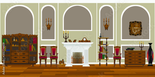 Living room interior with wooden floor and fireplace.