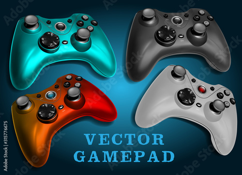 Realistic colorful wireless gamepad or joystick. Video game controller on blue background. Layered vector icon set.