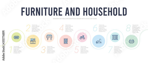 furniture and household concept infographic design template. included laundry hamper, window coverings, carpet sweeper, wall shelves, rugs, table linens icons