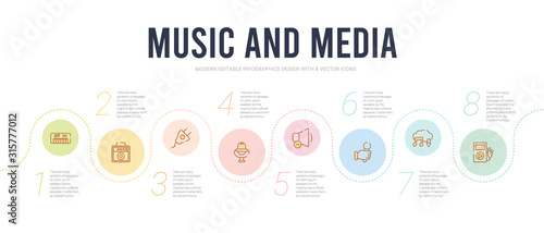 music and media concept infographic design template. included music player headphones, downloaded music cloud, hand mic, low volume speaker, microphone voice recording, charging plug icons