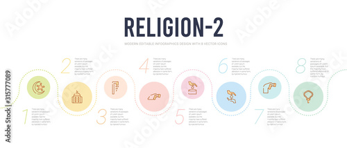 religion-2 concept infographic design template. included raya rosary, ruku posture, sadaqah, sadaqah charity, salah, shower head and water icons