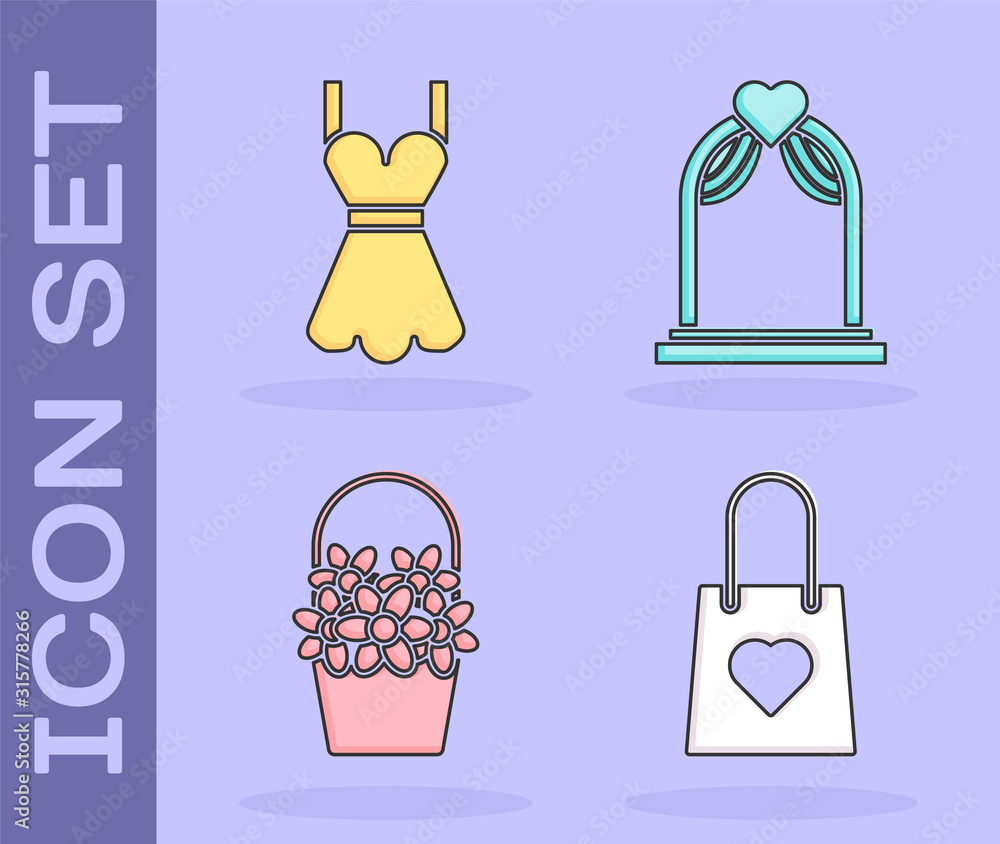 Set Shopping bag with heart, Woman dress, Flowers in a basket and Wedding  arch icon. Vector Stock Vector | Adobe Stock