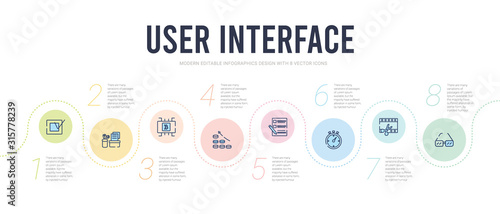 user interface concept infographic design template. included square glasses, video edition, stopwatches, form, vertical bar, digital currency icons