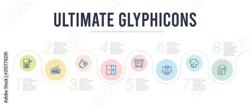 ultimate glyphicons concept infographic design template. included exclamation file, rain cloud, high dynamic range imaging, timer off, darker or brightter button, drop crossed icons