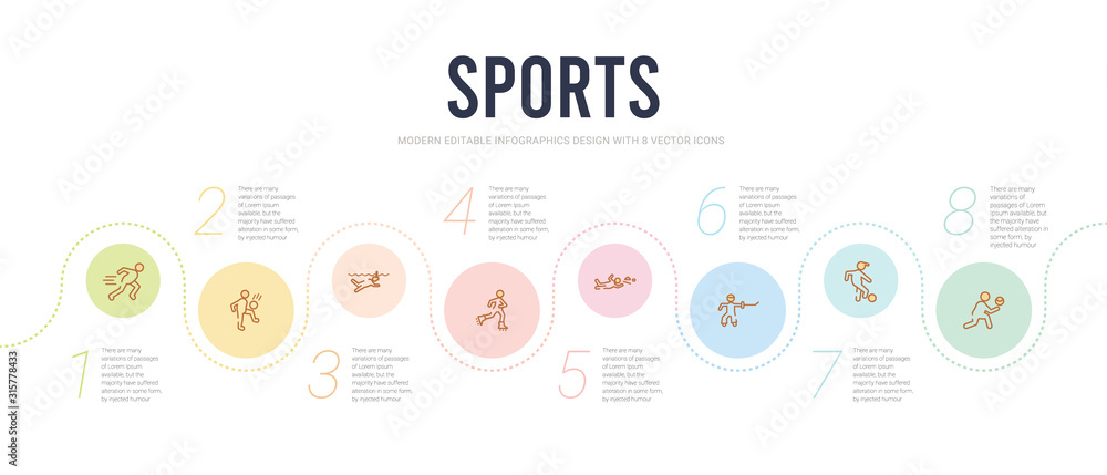 Fototapeta premium sports concept infographic design template. included volleyball motion, sportive man playing with a ball, oriental man with a sword, waiter falling, ice skating man, swimming figure icons