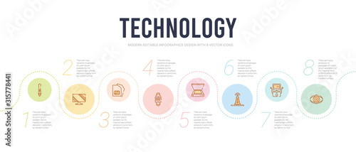 technology concept infographic design template. included contact lens, dialysis, antenna, scanner with cover, smart watch, big sim card icons