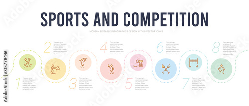 sports and competition concept infographic design template. included dohyo, starting line, ski poles, skibob, amonestation, champion icons