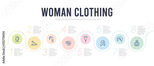 woman clothing concept infographic design template. included perfume, shoulder length, female long black hair, creme container black, parfume, female with long hair icons