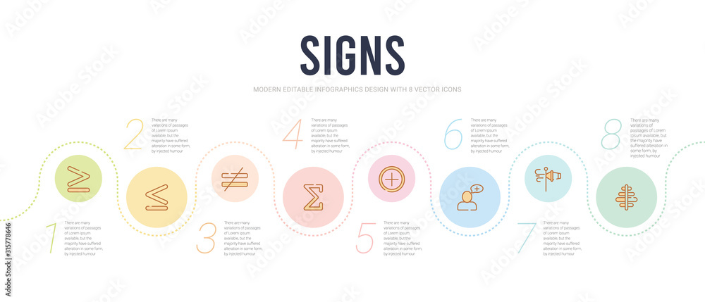 signs concept infographic design template. included align, wind, positive, addition, the sum of, is not equal to icons signs concept infographic design template. included align, wind, positive, addition, the sum of, is not equal to icons