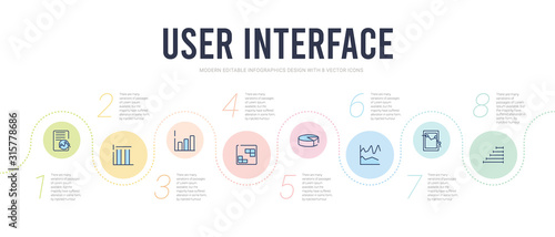 user interface concept infographic design template. included data analytics bars, mobile stock data analysis, multiple variable lines, 3d pie chart, table for data, multiple variable bars icons